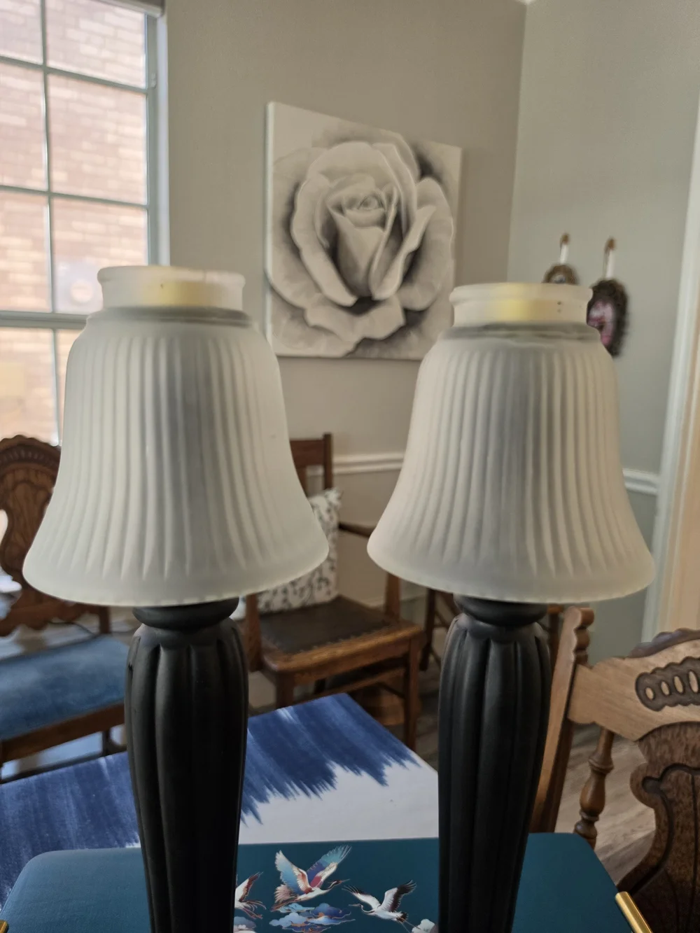 Pair Tall Black Wood Candlestick Holders White Ribbed Glass Hurricane Shades